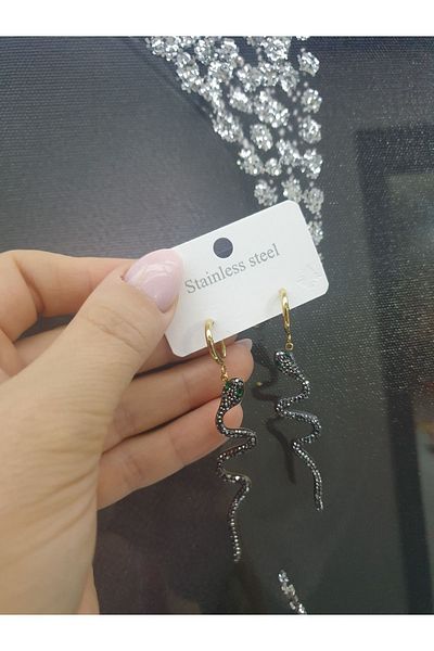 Pinkimaj Gold Anthracite Jewelled Snake Steel Earrings