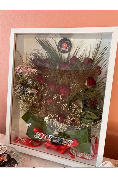 Verda Çerçeve Rama de memorie cu trandafir alb 40x50 Cm! Cadru adânc fără LED! Cadru de memorie cu trandafiri - pentru buchete de mireasa