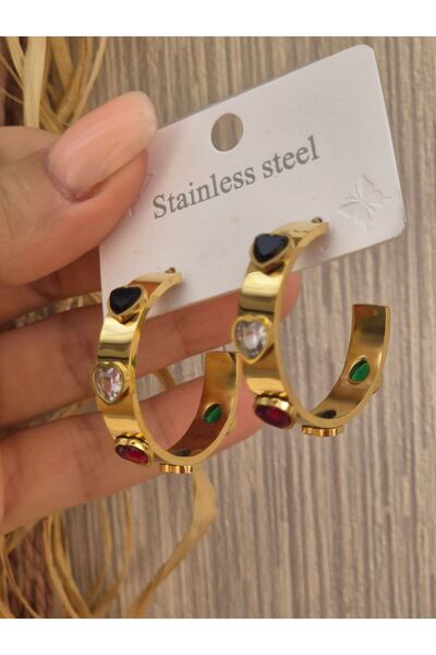 Pinkimaj أقراط دائرية كبيرة من الفولاذ على شكل قلب من الزركون الملون اللامع