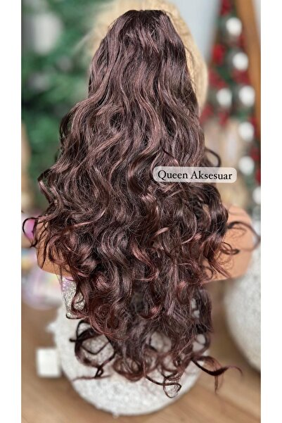 Queen Nelly Yoğun kıvırcık bukleli dalgalı postiş takma saç peruk sentetik toka patlıcan kızıl kahverengi