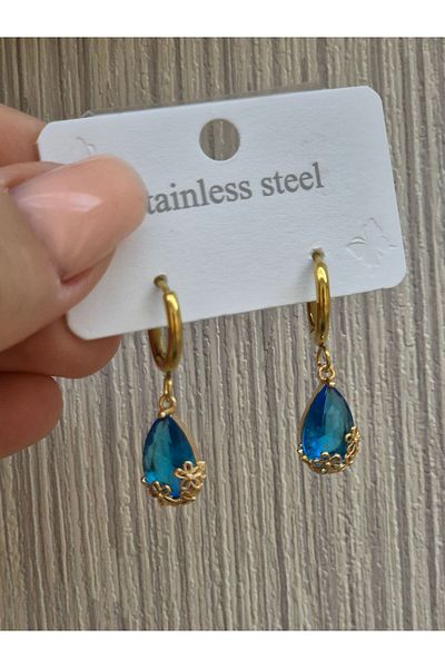 Pinkimaj Gold Colored Blue Jewelled Drop Earrings - Steel Gold Zircon Crystal