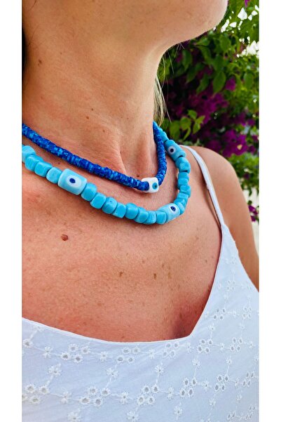 elamindunyasi قلادة بودروم زرقاء مطرزة وزجاج عين الشر فيمو (المنتج المكون من ...