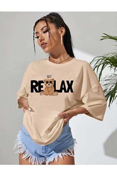 oneagılyazı RELAX BEAR DESIGN - تي شيرت مطبوع كبير الحجم