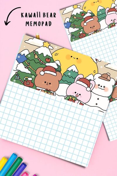 PastelSanat Kawaii Yılbaşı Eğlenen Ayıcıklar Memopad , Bloknot , To do List , Notepad , Planlayıcı