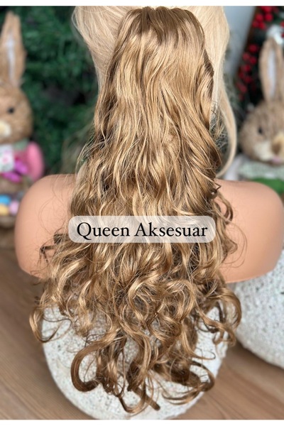 Queen Nelly Yoğun gür kıvırcık bukleli dalgalı postiş takma saç peruklu sentetik toka sarı bal köpüğü