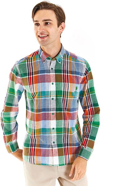 U.S. Polo Assn. Ανδρικό πουκάμισο HOLA με καρό μοτίβο με πτυσσόμενο μανίκι με κουμπιά λινό με κανονική εφαρμογή