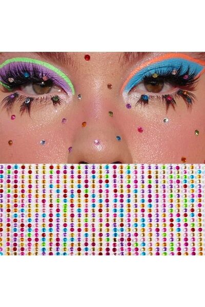 MÜGETA Işıltılı Renkli Yuvarlak Yüz Ve Vücut Taşı Sticker Taş Makyaj Taşı, Sa...