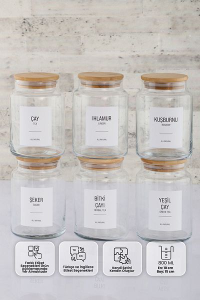 ANJEAHOME Lugo 6-Piece 800 Ml Glass Storage Container Bamboo Lid (Different Label Options)