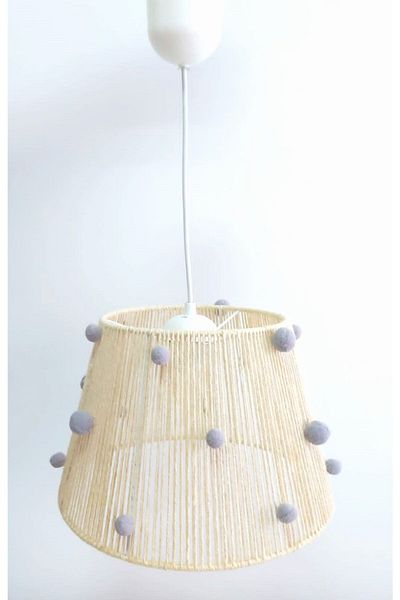 C&A&B KUZEY AVİZE Ecru Rope Wrapped Gray Pompom Pendant Lamp Chandelier