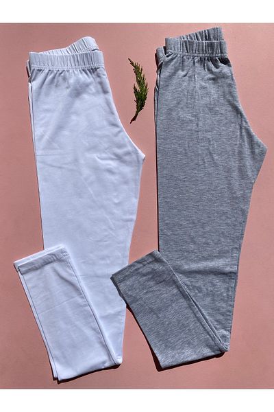LEYNA BUTİK Leggings lungi din Lycra din bumbac gri și alb 2 bucăți pentru femei