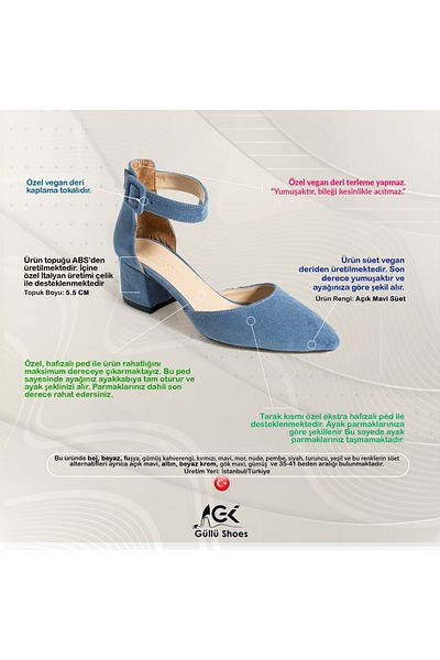 Güllü Shoes Дамска светлосиня велурена вечерна рокля, обувки на стилет с дебел ток, 5,5 см