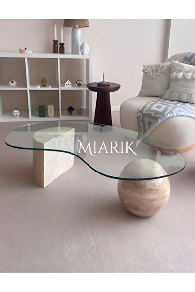 MIARIK DESIGN Traverten Mermer Dikdörtgen Camli Orta Sehpa