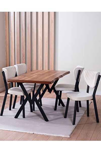 VIANEM Kütük Desenli MDF Elma Mutfak Masa Takımı 4 Sandalyeli Salon Yemek Mas...