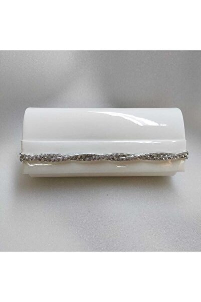 bsc حقيبة السهرة المصنوعة من الجلد الأبيض اللامع والحجر المحبوك