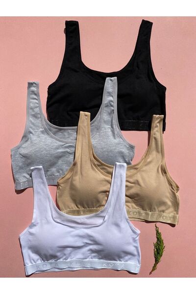 LEYNA BUTİK مجموعة من 4 حمالة صدر رياضية من القطن الليكرا باللون الأسود والرم...