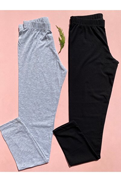 LEYNA BUTİK 2 τμχ Μαύρο και γκρι βαμβακερό μακρύ κολάν Lycra για γυναίκες