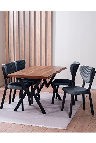 VIANEM Kütük Desenli MDF Elma Mutfak Masa Takımı 4 Sandalyeli Salon Yemek Mas...