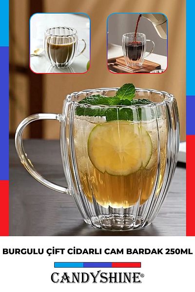 CandyShine 250ml Twisted Glass Cup - With Double Walls and Handles