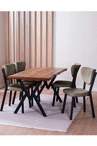 VIANEM Kütük Desenli MDF Elma Mutfak Masa Takımı 4 Sandalyeli Salon Yemek Masa Takımı