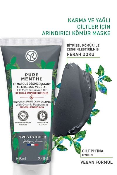 Yves Rocher Pure Menthe Charcoal Mask for Combination, Oily and Acne Prone Skin 75 ml