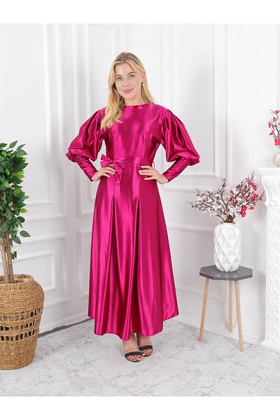 CLASSY.MODA Μπαλόνι μανίκι πλισέ φούστα λεπτομέρεια μουσουλμανικό φόρεμα-Σατέν ύφασμα