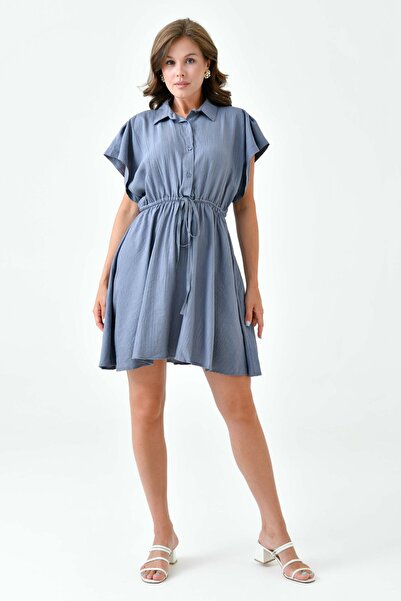 bayansepeti Антрацитово-сіра сукня з коміром-стійкою - на ґудзиках спереду, з поясом і збірками на талії 6010