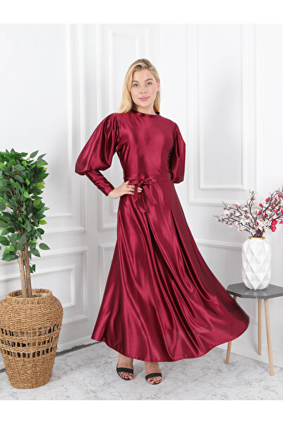 CLASSY.MODA Balon kol pile etek detaylı tesettür elbise-Saten kumaş