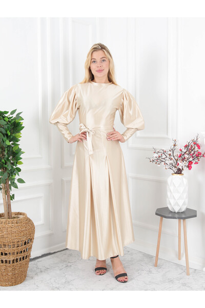 CLASSY.MODA Satin Fabric Hijab Dress - Balloon Sleeve and Pleat Skirt Detail