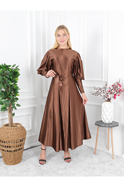 CLASSY.MODA Balon kol pile etek detaylı tesettür elbise-Saten kumaş