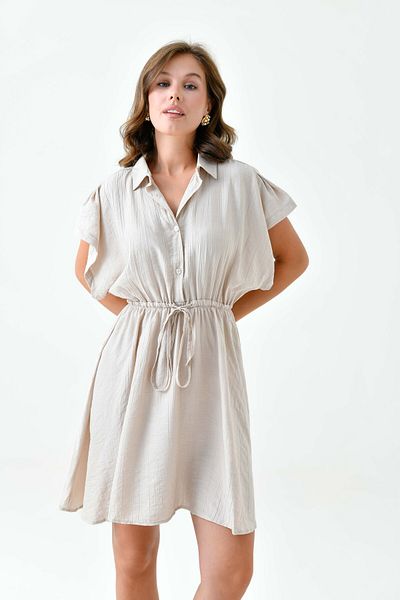 WOMAN VISION Rochie de damă bej - detaliu curea, guler cămașă, mânecă liliac, croială evazată 6010