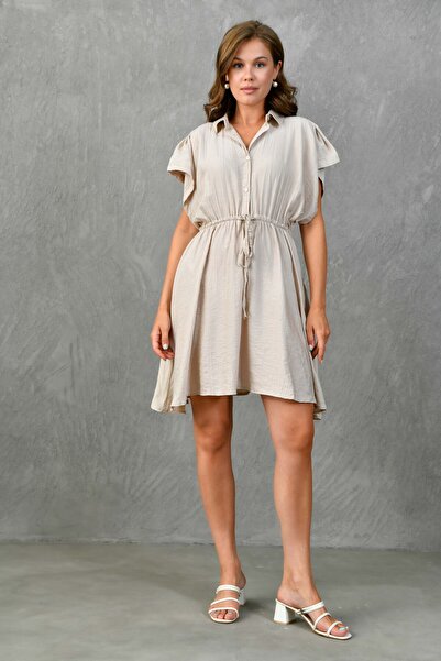 vuvutasarım Πέτρινο πουκάμισο με γιακά με φλάντζα, καλοκαιρινό φόρεμα - μπροστά με κουμπιά και ζώνη 6010