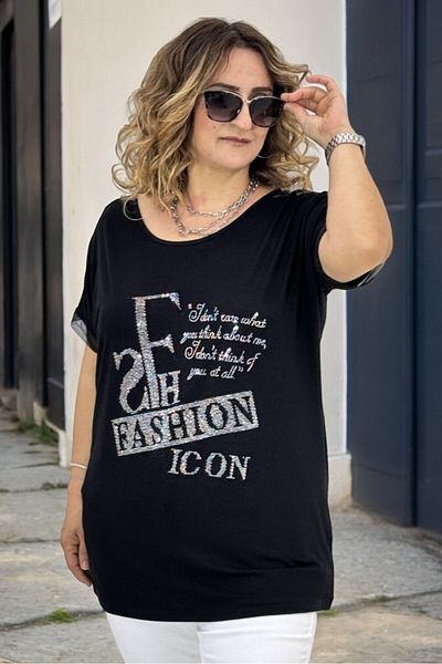 yagmurberen STONE EMBROIDERED SHOULDER AND TULE DETAIL ON ARMS PLUS SIZE BICYCLE COLLAR BLUZ