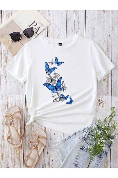 trendgar Tricou alb cu imprimeu fluture albastru