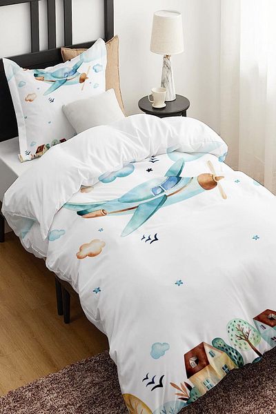 Else Dekor Blue Airplane City Patterned Single Children's Duvet Cover Set Without Sheets