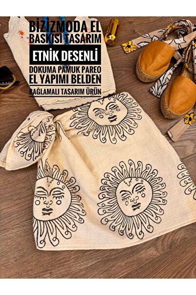 bizizmoda Natural Fabric Ethnic Patterned Pareo - Hand Printed