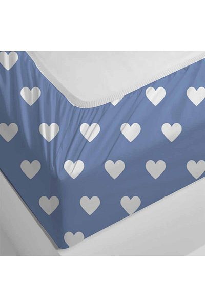 Else Dekor Set cearșaf de pat căptușit, elastic, dublu, cu model de inimă, albastru, alb, 160x200cm