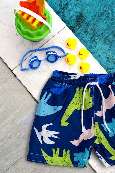 Mayom Boy - Dinosaur Printed Waist Lace Up Swim Shorts