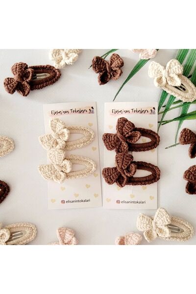 Natural Ambers Kahve Taş Renk Fiyonk 4lu Çıtçıtlı Toka Set, El Örgüsü Toka