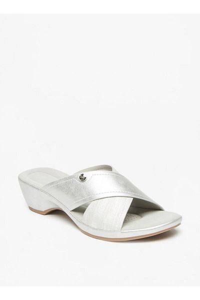Flora Bella by Shoexpress Textured Slip-On Cross Strap Sandals with Block Heels