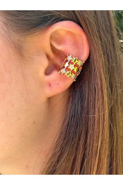 ByMerve Bym523 Steel Women's Rose Gold Star Stone through 3-Piece Look Cartilage Earrings