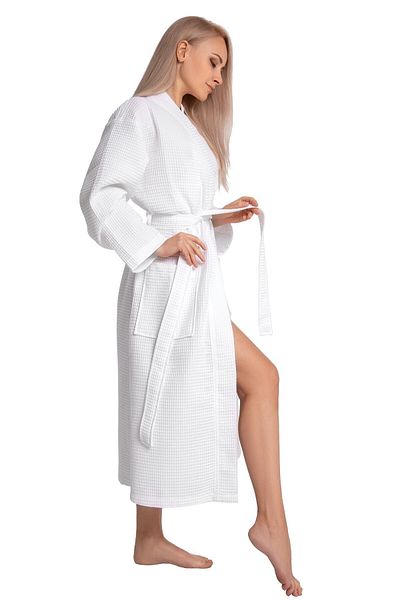 Bagno Milano Waffle Patterned 100% Organic Cotton Women's Bathrobe - White Women's Bathrobe - Light Bathrobe
