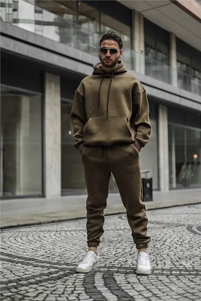 BayBayan Ανδρικό Σετ Αθλητικό Φόρμα Χακί Πράσινο Oversize Jogger - 3 Καρφών με τσέπες καγκουρό
