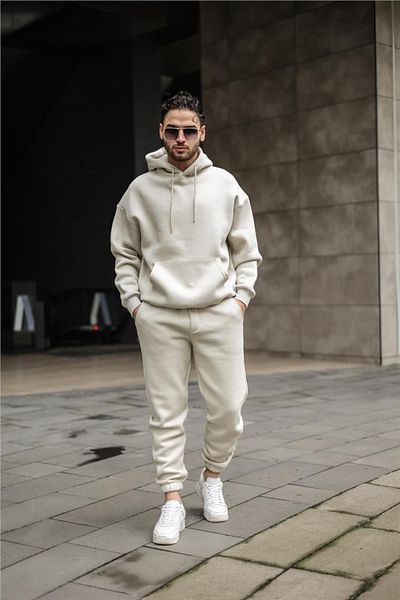 BayBayan Ανδρικό μπεζ 3 κλωστών Jogger με ανοιχτόχρωμη τσέπη καγκουρό Oversize αθλητικό σετ φόρμας