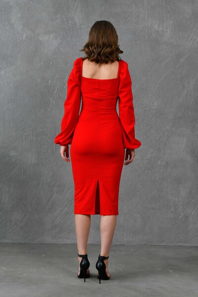 lovebox Women's Crepe Fabric Double Breasted Neckline Low-Rise Balloon Sleeve and Slit Red Midi Dress 581915