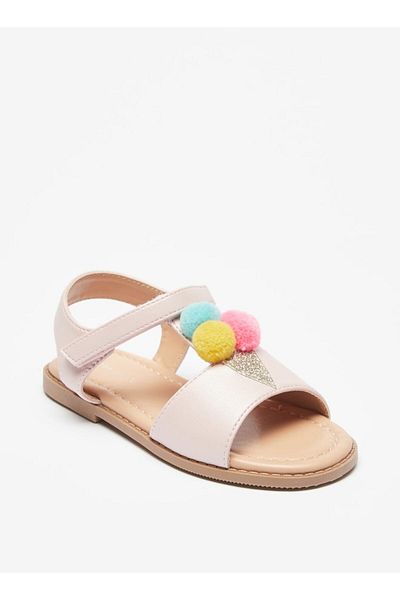 Flora Bella by Shoexpress Pom Pom Accent Sandals with Hook and Loop Closure