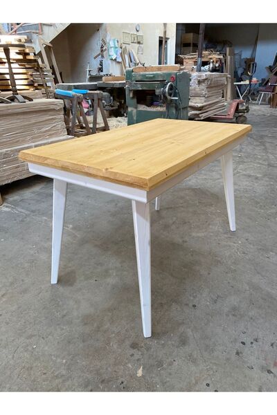 EMEL AHŞAP Kare Konik Ayaklı Masif Ahşap Kütük Masa, 120x70 cm, Çalışma-Yemek...