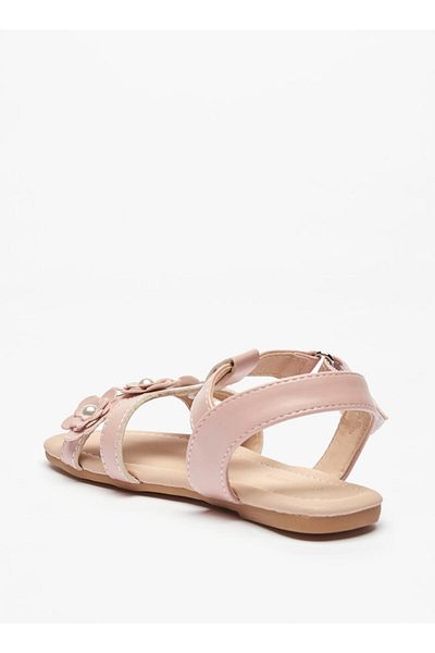 Flora Bella by Shoexpress Pearl Studded Floral Applique Strap Sandals with Hook and Loop Closure