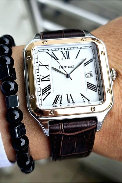 Ferrucci Men's Wristwatch - 2 Years Warranty, Leather Band, Steel Case, 3 ATM Waterproof, Bracelet Gift