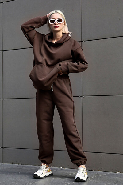 BayBayan Γυναικείο καφέ σετ αθλητικής φόρμας με 3 κλωστές, ψηλόμεσο, με κουκο...