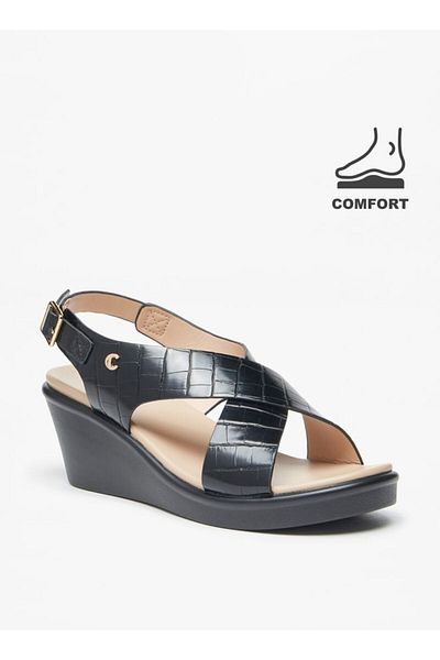 Le Confort Textured Cross Strap Comfort Sandals with Wedge Heels